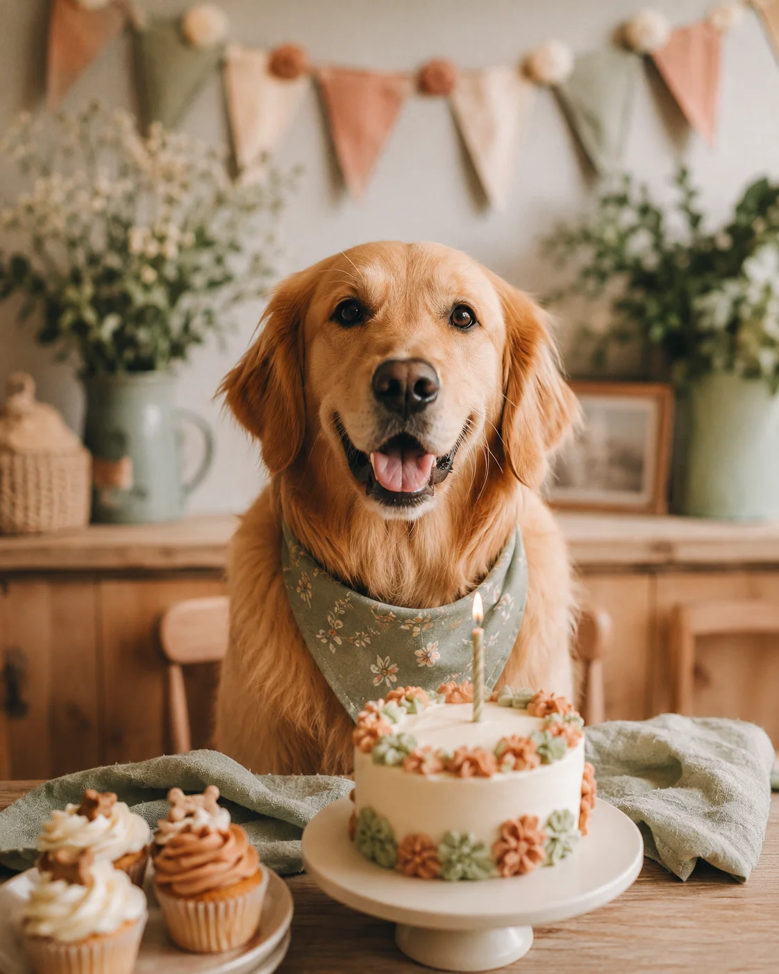 Dog next to a homemade dog birthday cake